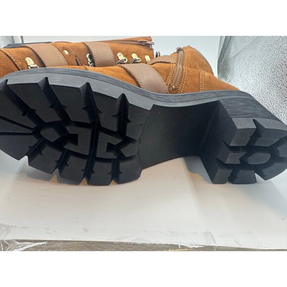 AQUA Genie Buckle Hiker Leather Biker Boots Cognac size 8m Eyes Lace-up Gold new - Picture 2 of 15